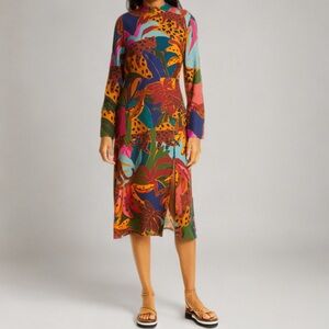 Farm Rio Jungle Banana Print Midi Dress – Long Sleeve, Size XS